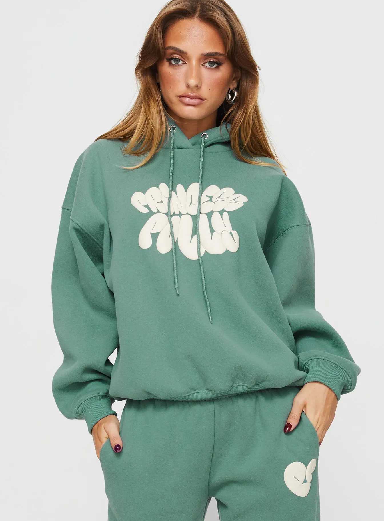 Princess Polly Hooded Sweatshirt Bubble Text Sage / Eggshell sold by Princess Polly product image thumbnail 2