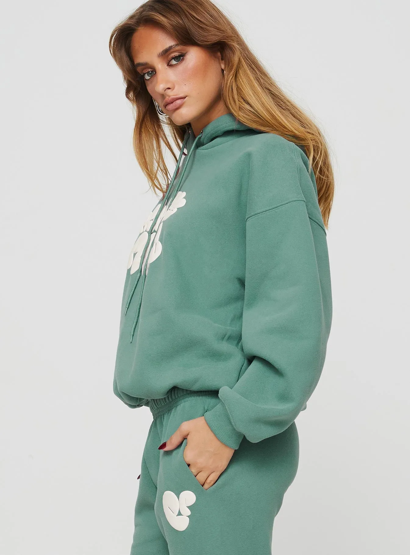 Princess Polly Hooded Sweatshirt Bubble Text Sage / Eggshell sold by Princess Polly product image thumbnail 4