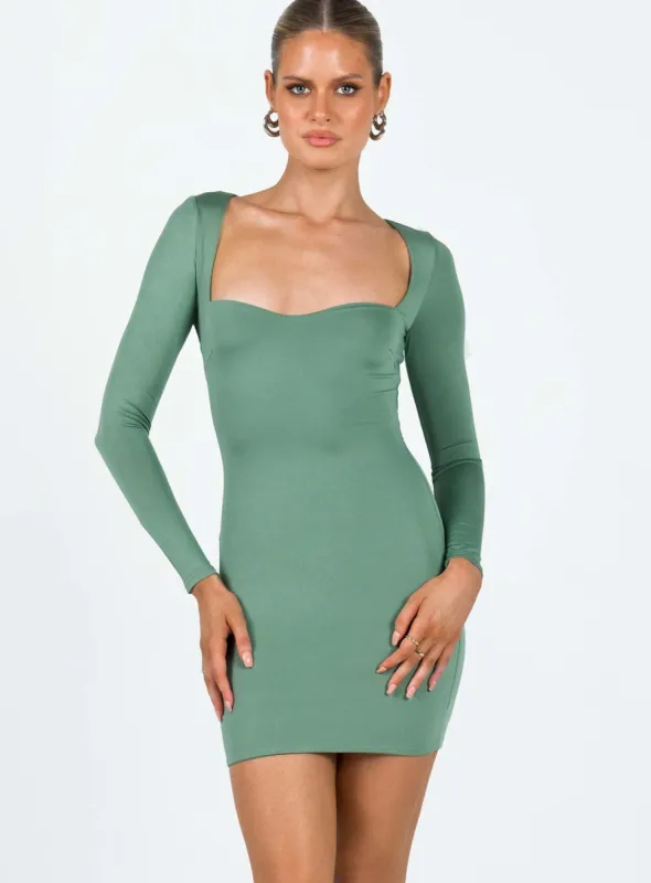 Brewer Long Sleeve Mini Dress Green made by Princess Polly