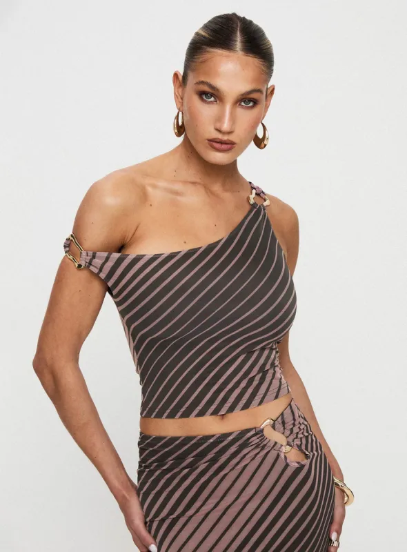 Rios One Shoulder Top Brown Stripe sold by Princess Polly