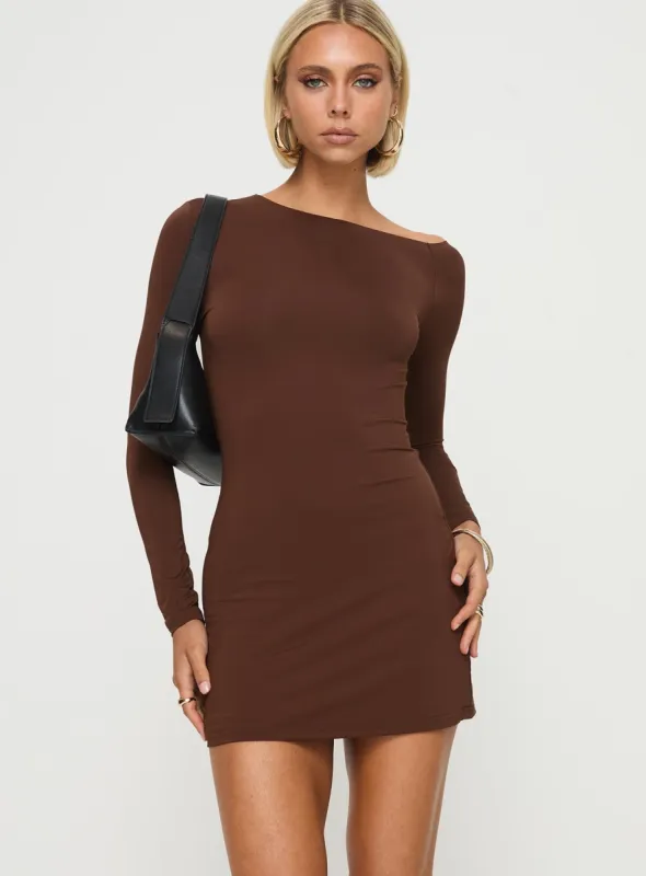 Kataline Long Sleeve Mini Dress Chocolate sold by Princess Polly