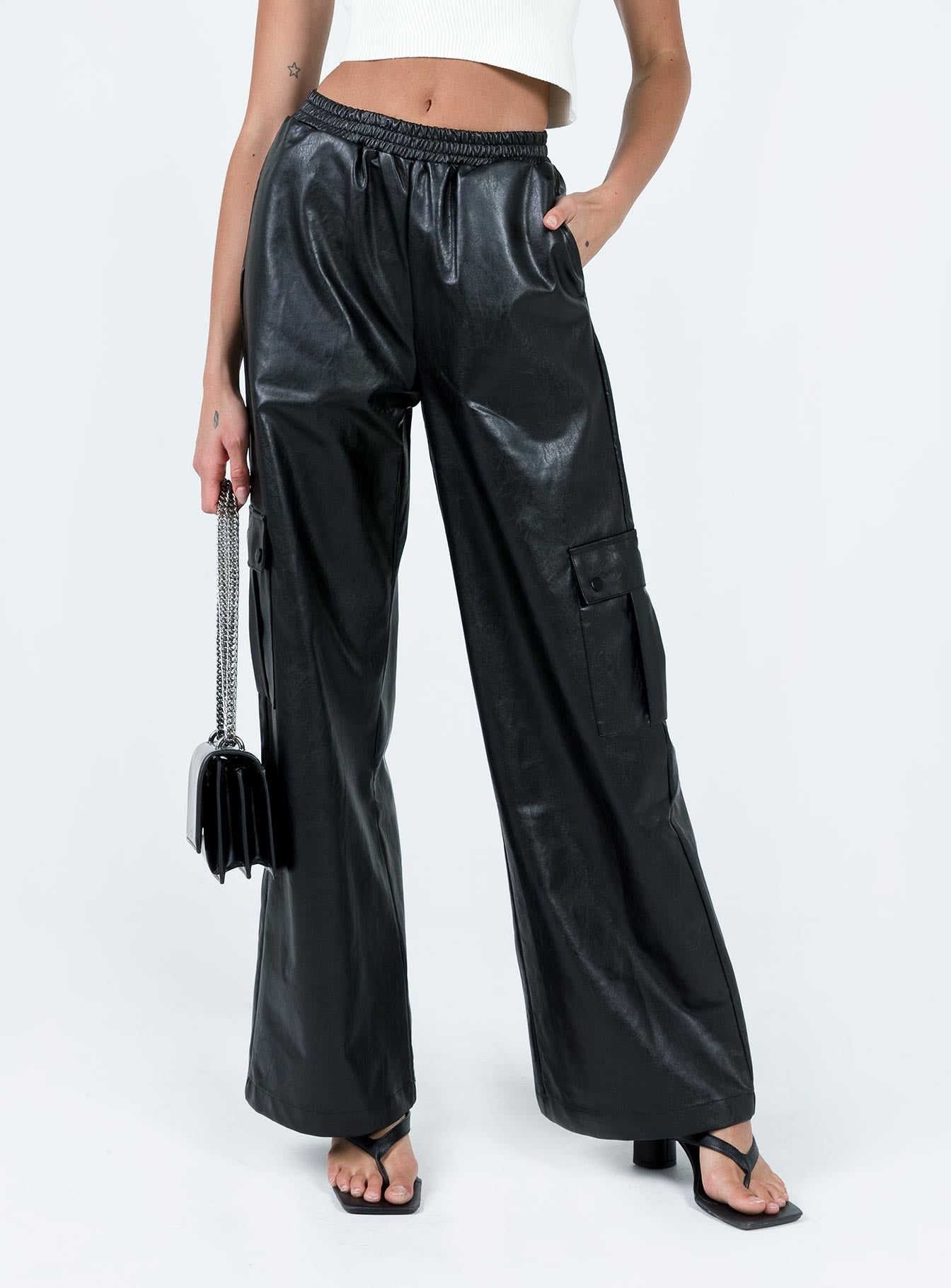 Lista Faux Leather Elastic Pocket Pants Black sold by Princess Polly