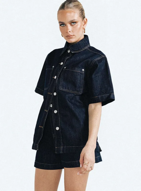 Whitaker Short Sleeve Shacket Dark Denim sold by Princess Polly