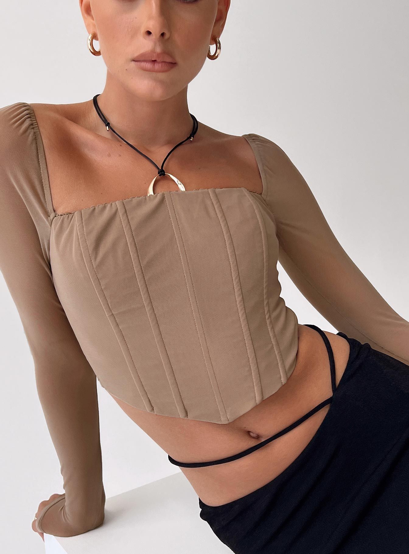 Beverly Long Sleeve Top Beige sold by Princess Polly