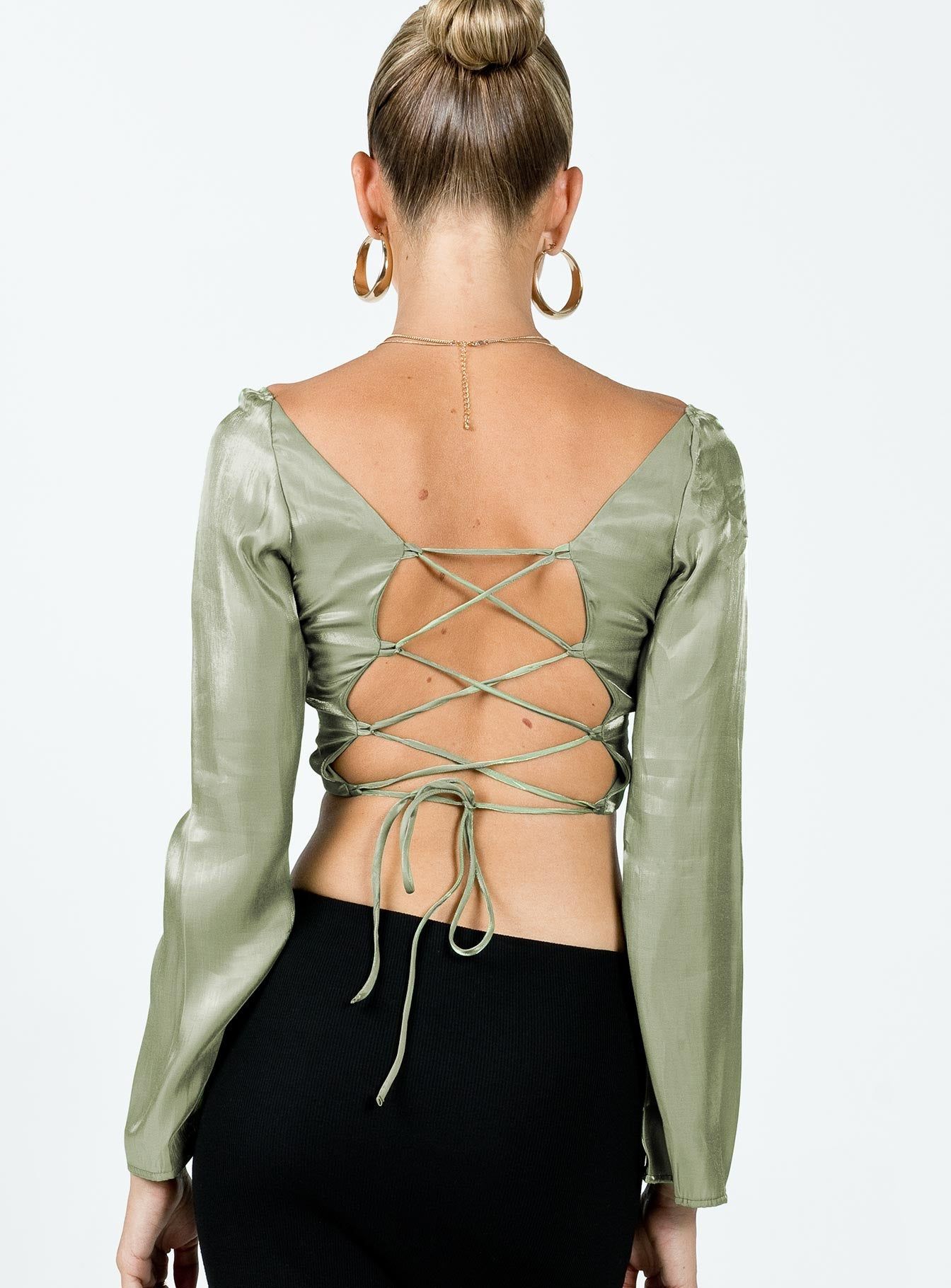 Nakai Lace Up Long Sleeve Top Sage sold by Princess Polly product image thumbnail 5