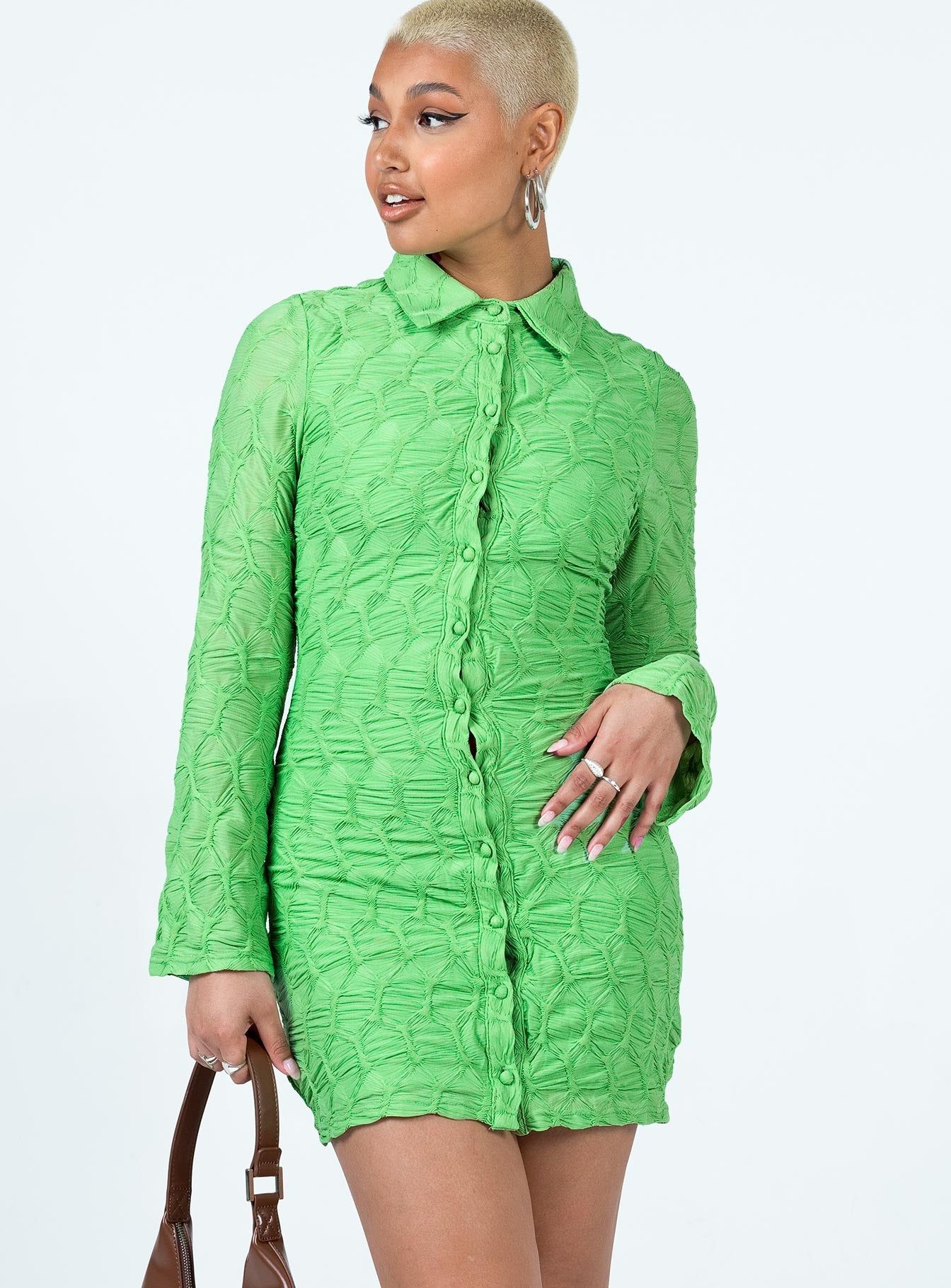 Calvert Long Sleeve Mini Dress Green sold by Princess Polly product image thumbnail 2