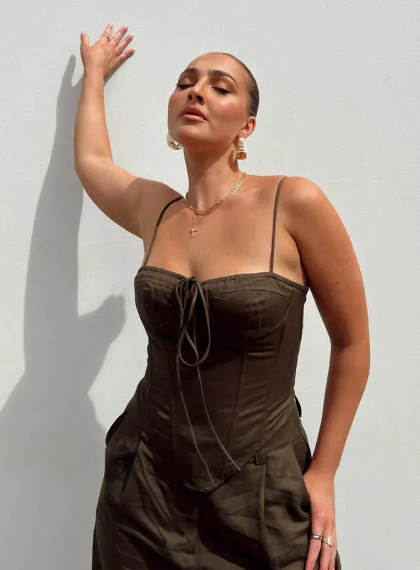 Del Gato Corset Top Dark Chocolate sold by Princess Polly