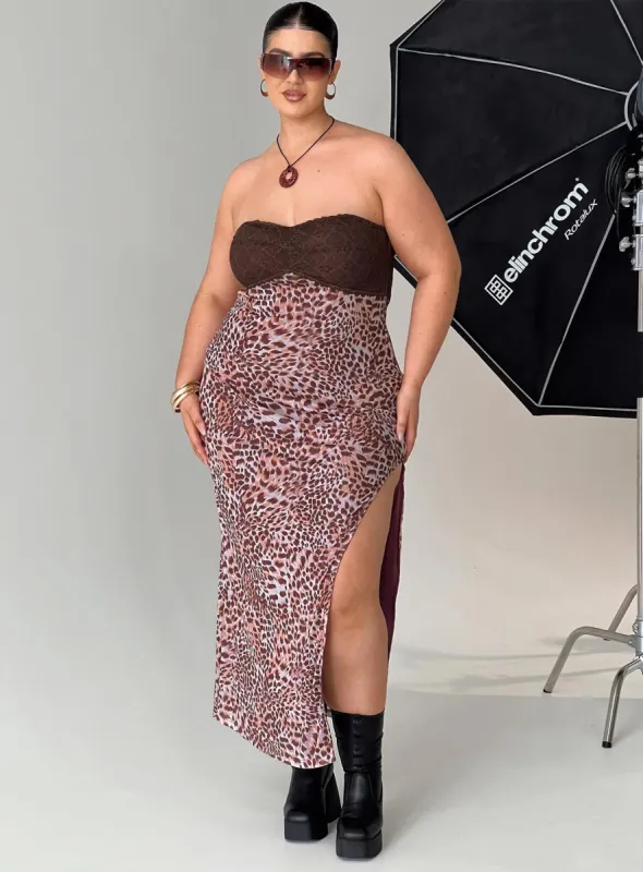Raidein Strapless Maxi Dress Leopard Curve sold by Princess Polly