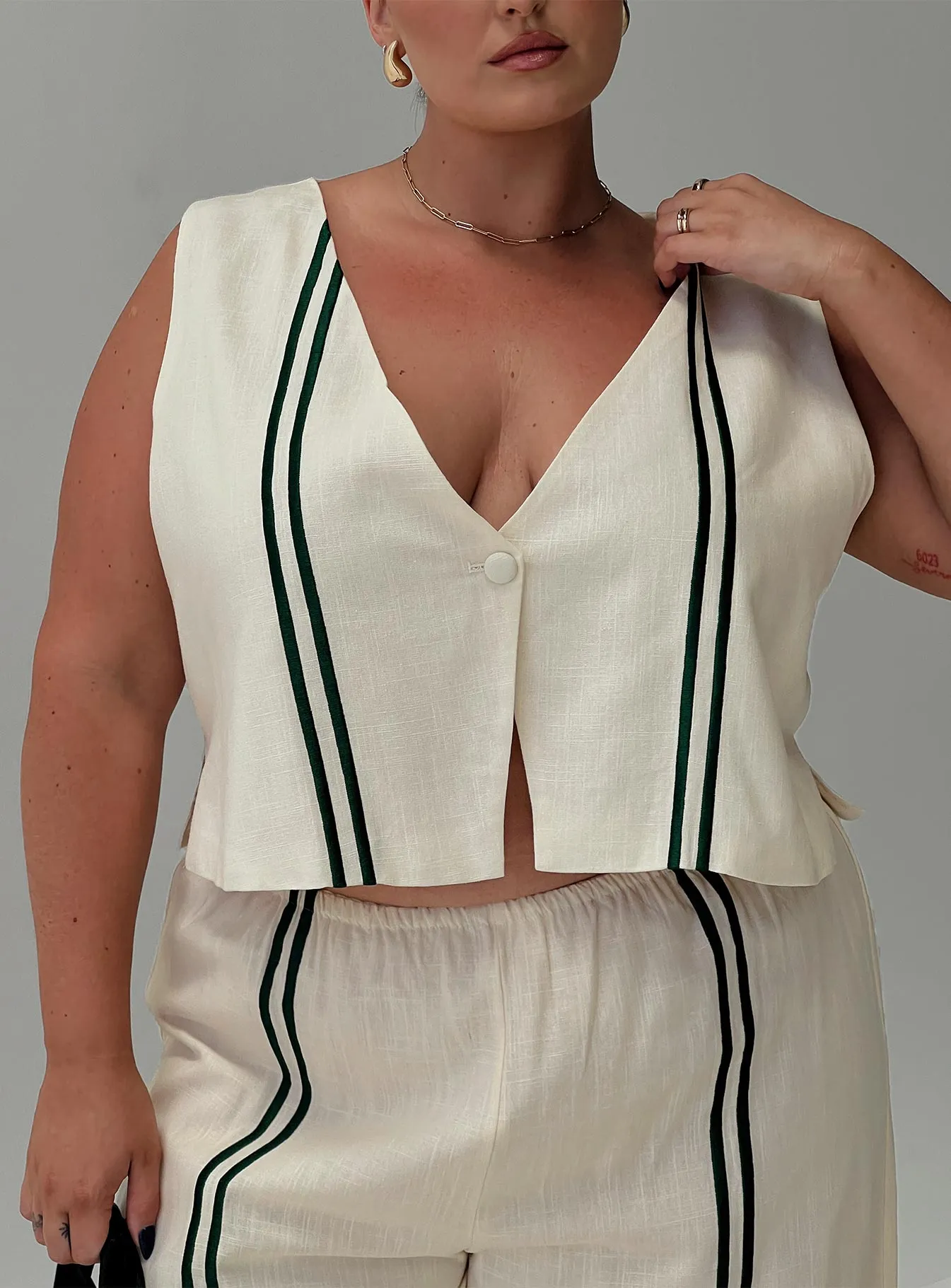 Heenny Vest Top White / Green Curve sold by Princess Polly