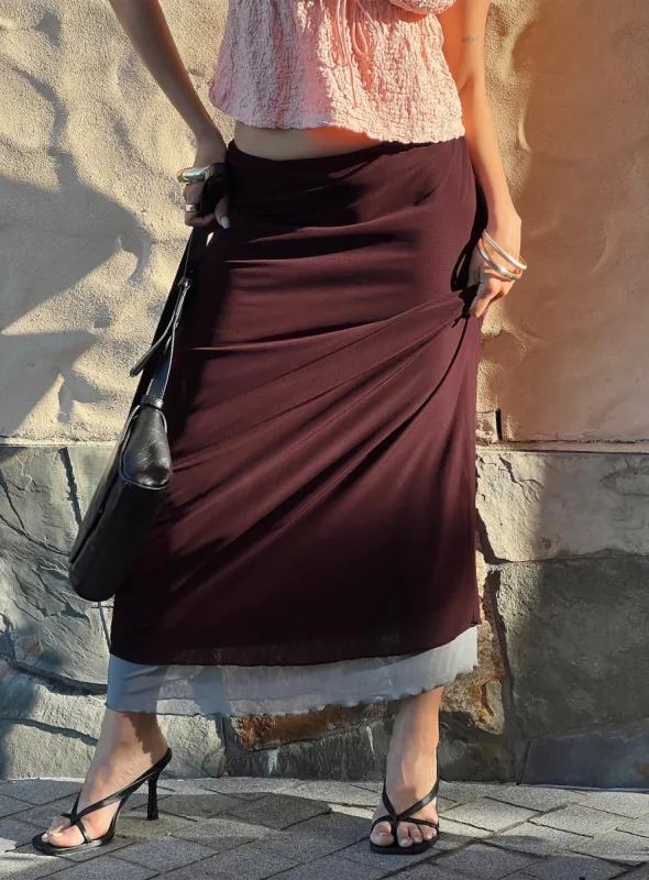 Motel Tresha Skirt Mesh Burgundy 199 sold by Princess Polly