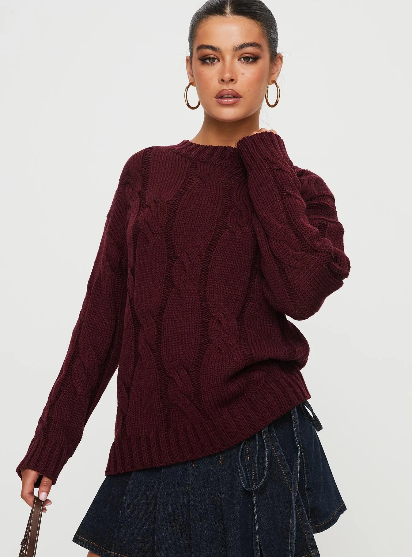 Alfey Cable Knit Sweater Burgundy sold by Princess Polly