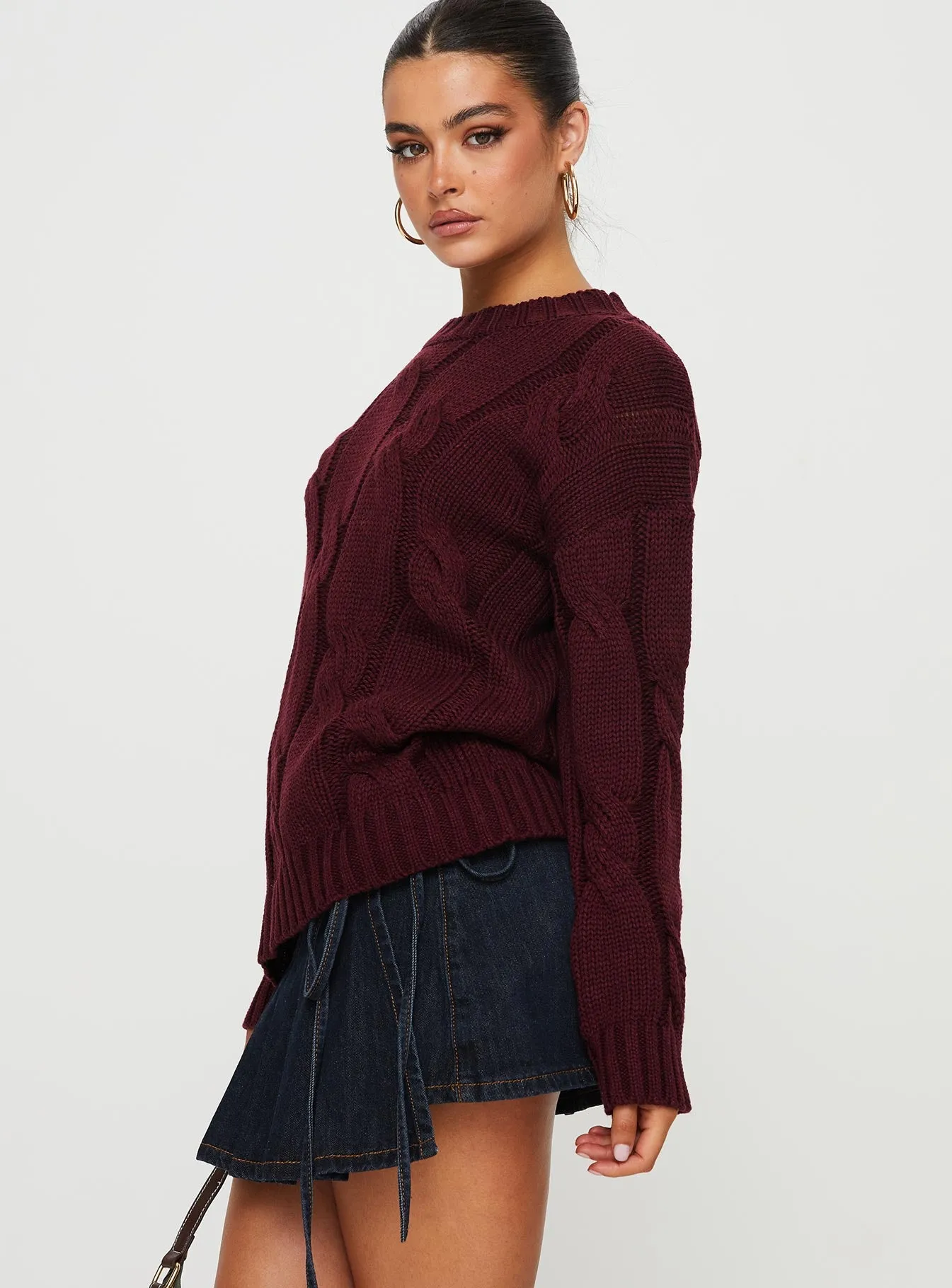 Alfey Cable Knit Sweater Burgundy sold by Princess Polly product image thumbnail 3