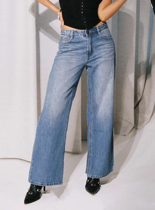 Azula Mid Rise Wide Leg Denim Jean Mid Blue sold by Princess Polly