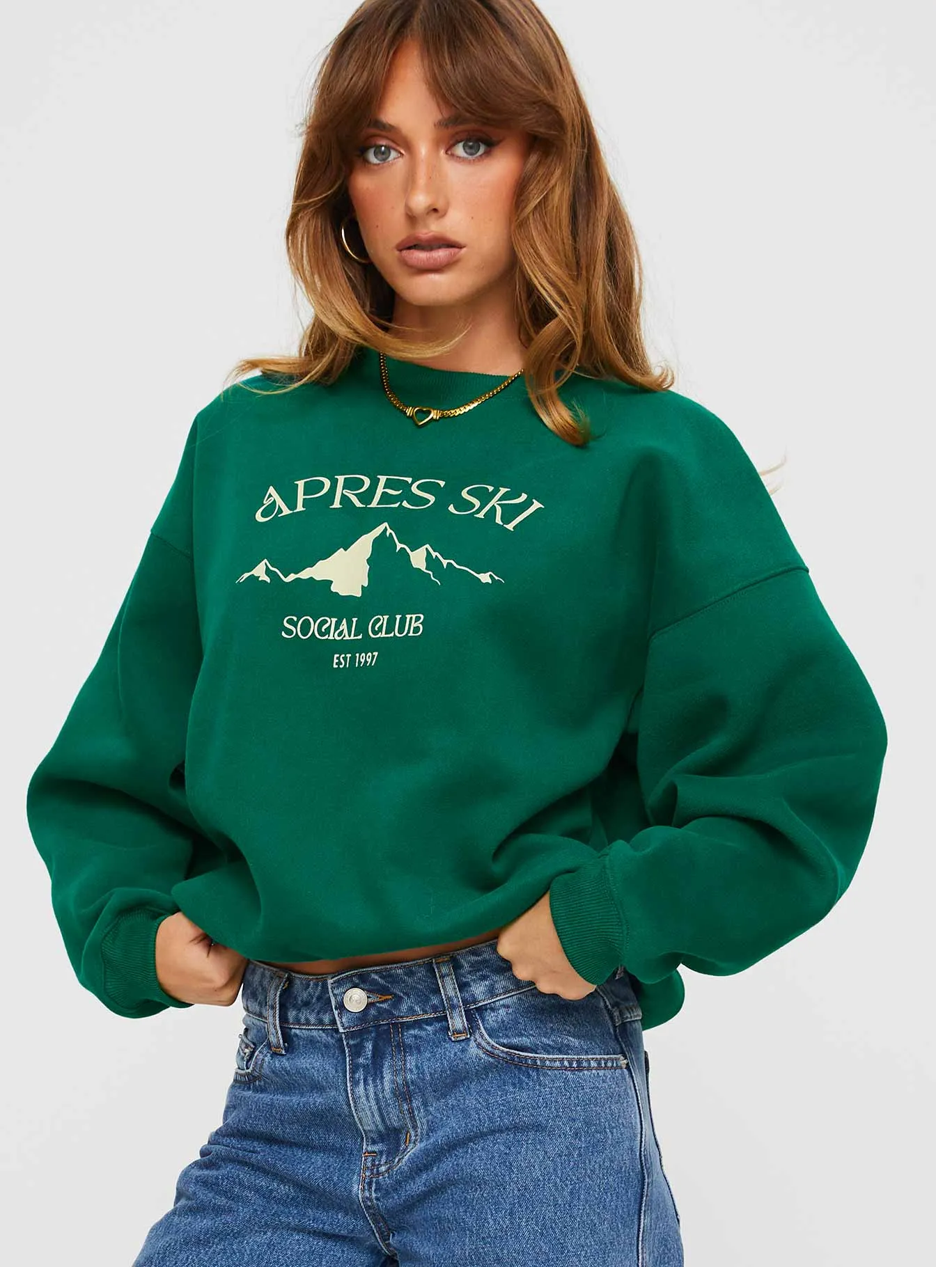 Apres Ski Crew Neck Sweatshirt Green / Cream sold by Princess Polly product image thumbnail 2