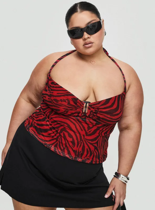 Cielo Mesh Halter Top Red Zebra Curve sold by Princess Polly