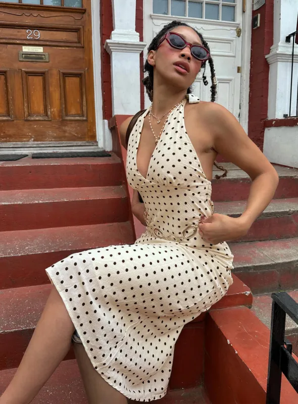 Kimbelle Halter Maxi Dress Cream / Polka Dot sold by Princess Polly