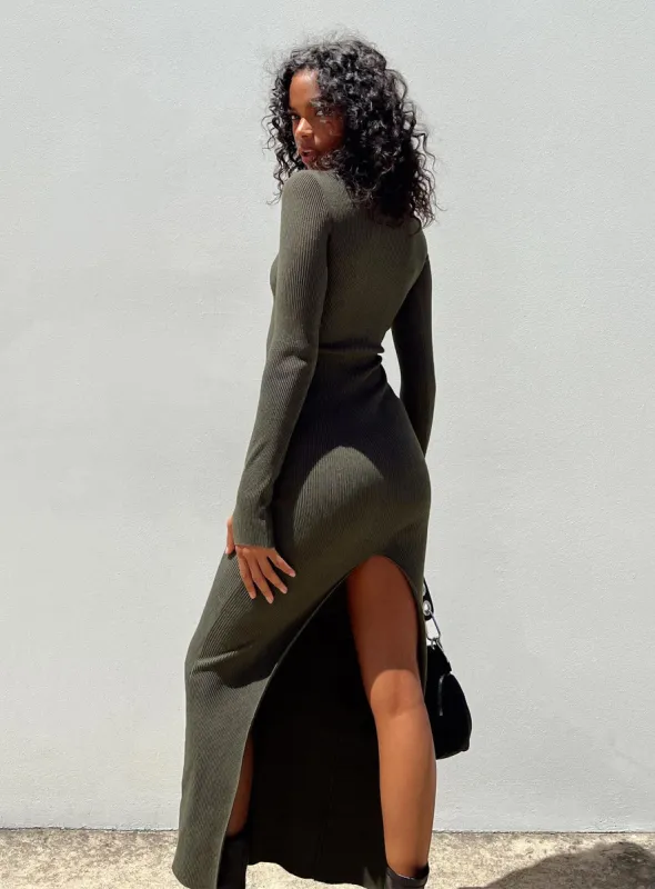 Karim Ribbed Knit Maxi Dress Khaki made by Princess Polly