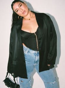 Toddy Satin Blazer Black Curve sold by Princess Polly