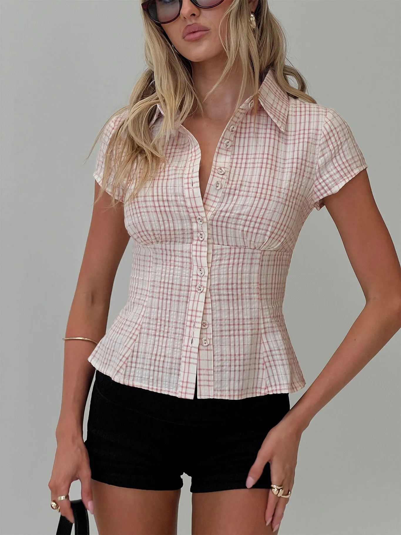 Cottesloe Blouse Top Pink Check sold by Princess Polly