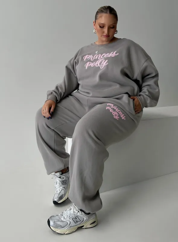 Princess Polly Track Pants Puff Text Charcoal Curve sold by Princess Polly