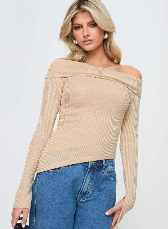 Streep Off The Shoulder Top Beige sold by Princess Polly