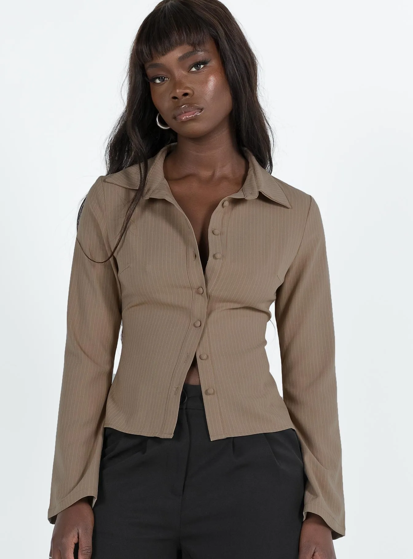Anni Pinstripe Shirt Beige sold by Princess Polly product image thumbnail 2