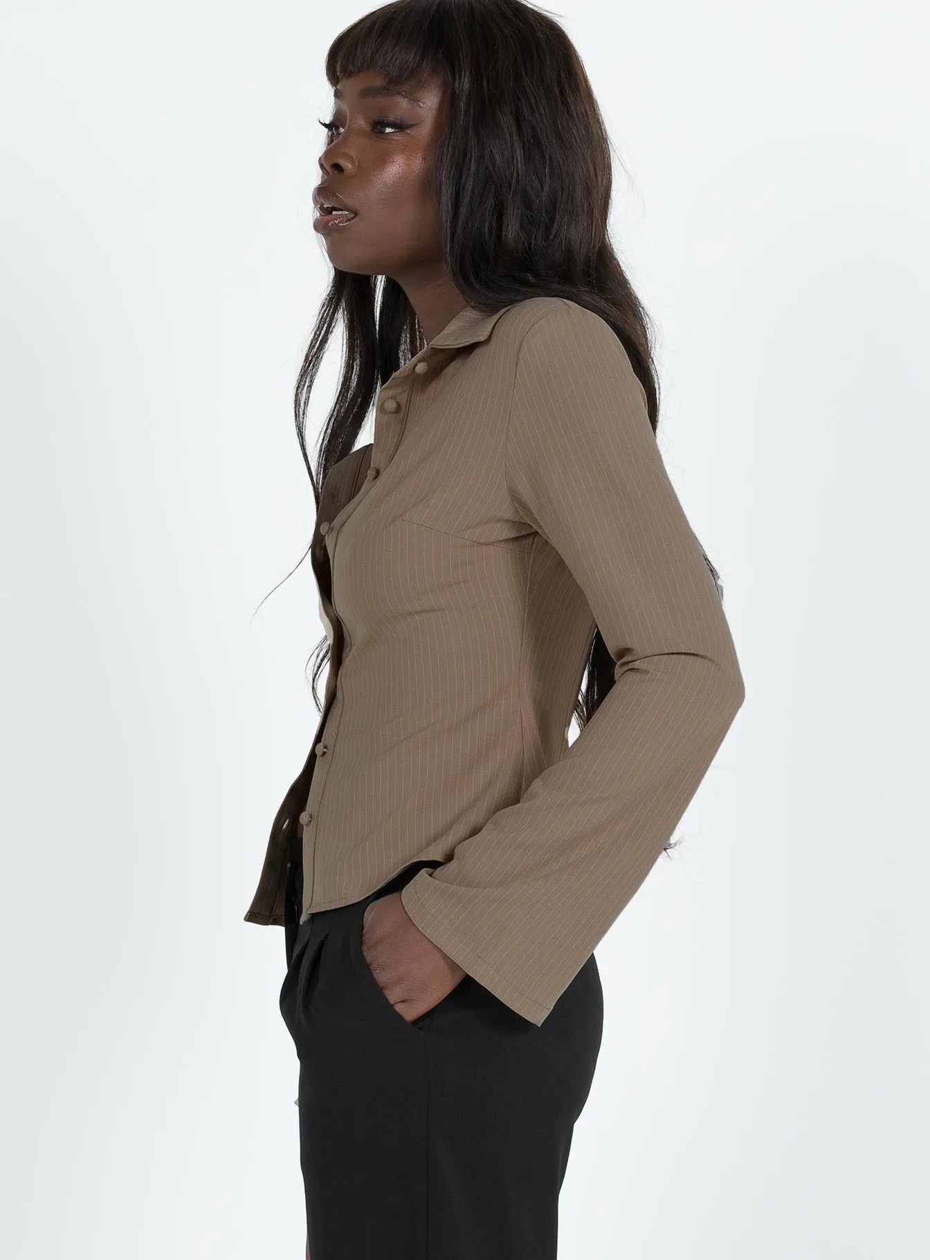 Anni Pinstripe Shirt Beige sold by Princess Polly product image thumbnail 4