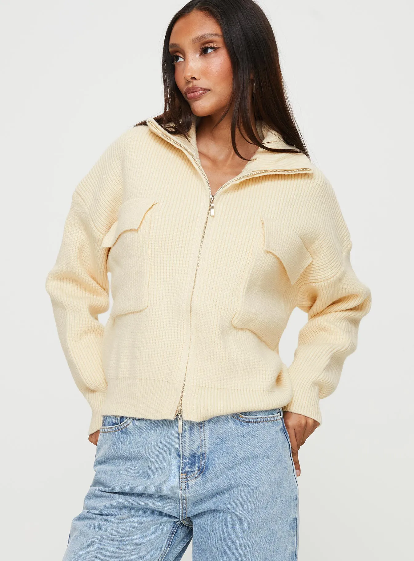 Too Busy Zip Up Sweater Beige sold by Princess Polly product image thumbnail 2