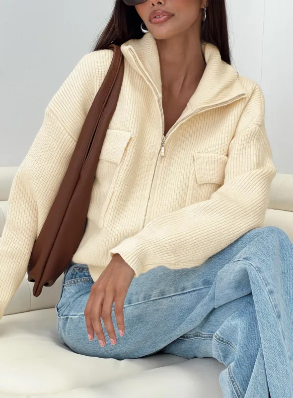Too Busy Zip Up Sweater Beige sold by Princess Polly