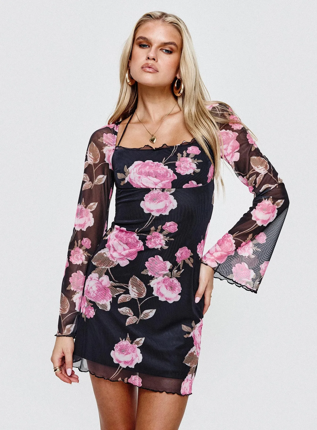 Bilbao Long Sleeve Mini Dress Black / Floral sold by Princess Polly
