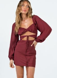 Nakita Long Sleeve Mini Burgundy sold by Princess Polly