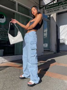 Darla Cargo Denim Jeans Light Wash Denim sold by Princess Polly