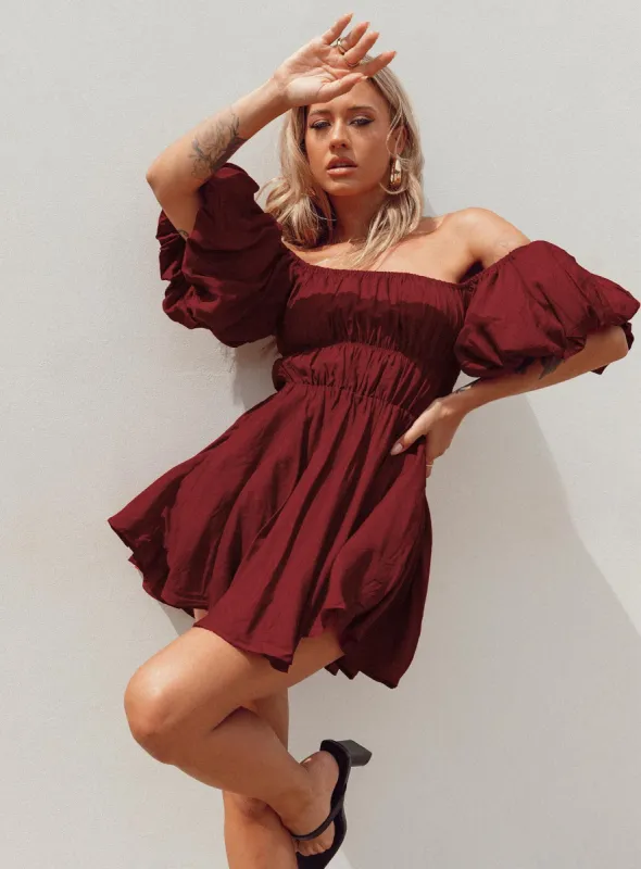 Halton Mini Dress Burgundy sold by Princess Polly