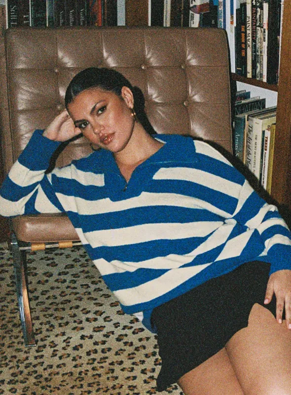 Neena Quarter Zip Sweater Blue / Cream Curve sold by Princess Polly