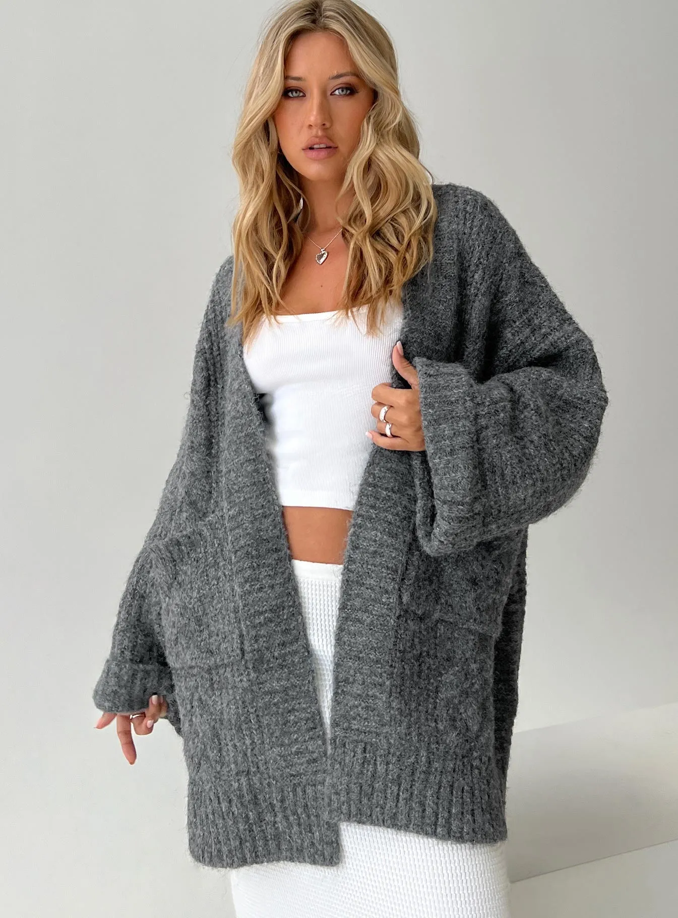 Paisleigh Cable Knit Cardigan Charcoal sold by Princess Polly