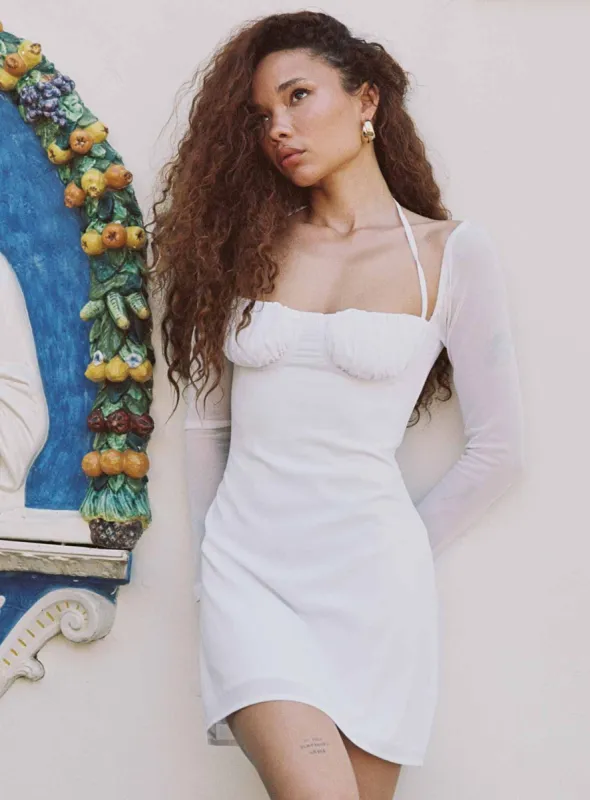 Dyer Sheer Sleeve Mini Dress White Low Impact sold by Princess Polly