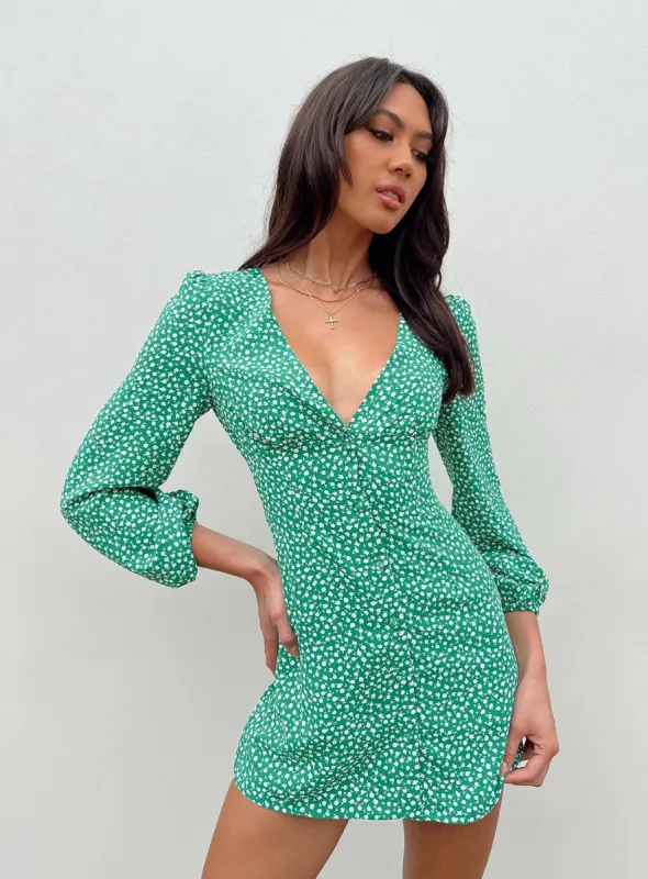 Kiata Long Sleeve Mini Dress Green / Floral sold by Princess Polly