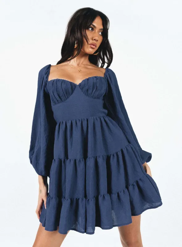Danny Long Sleeve Mini Dress Navy sold by Princess Polly