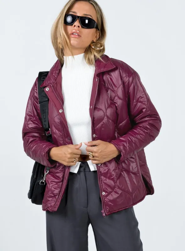 Cosmelia Quilted Puffer Jacket Wine sold by Princess Polly