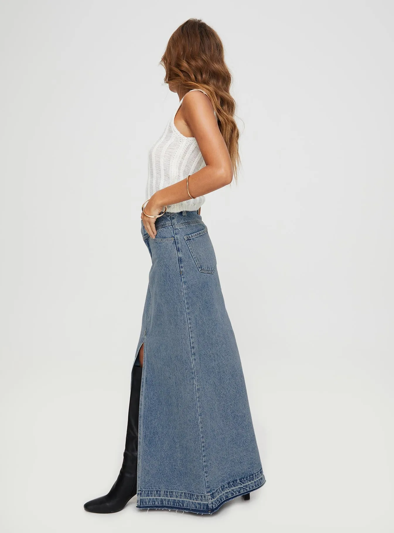 Deneuve Denim Maxi Skirt Mid Wash sold by Princess Polly product image thumbnail 4