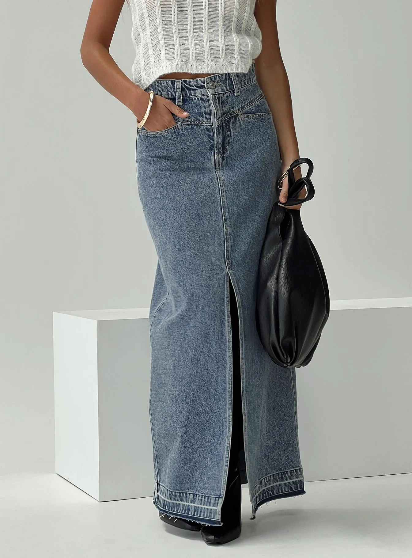Deneuve Denim Maxi Skirt Mid Wash sold by Princess Polly