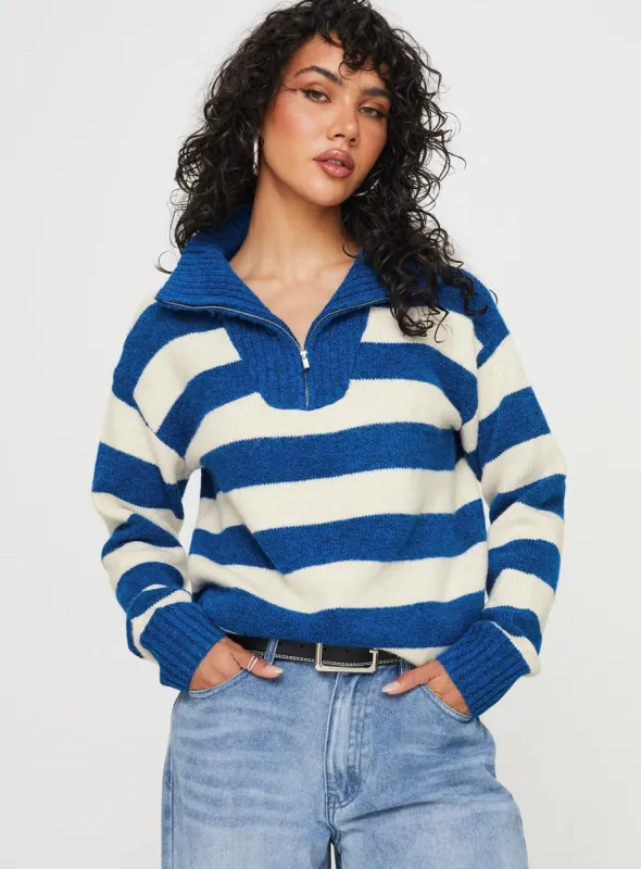 Neena Quarter Zip Sweater Blue / Cream sold by Princess Polly