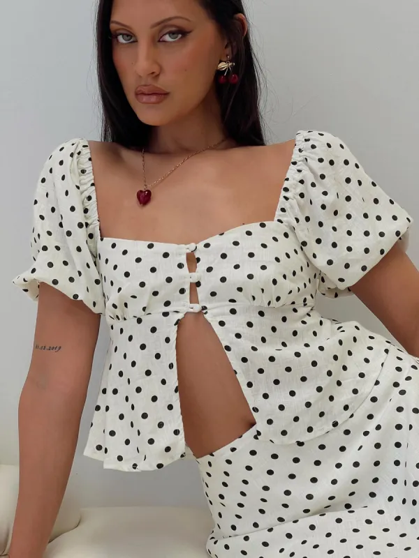Passionfruit Linen Blend Top Cream/Black Polka Dot sold by Princess Polly