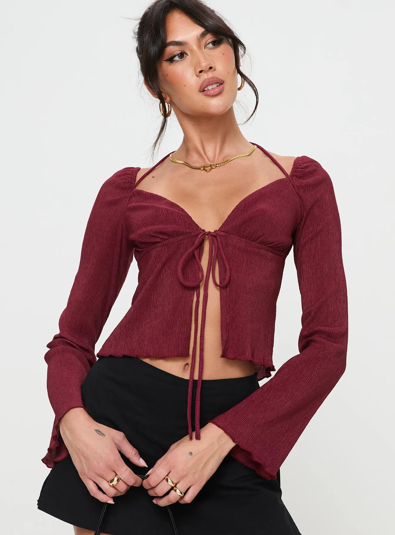 Chantria Long Sleeve Halter Top Burgundy sold by Princess Polly