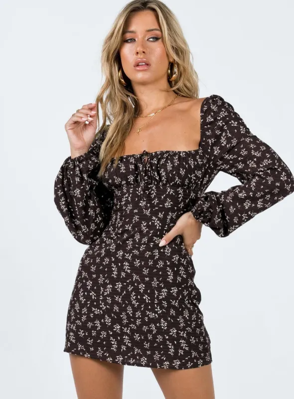 Lyndon Long Sleeve Mini Dress Brown sold by Princess Polly