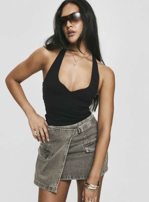 Bambas Wrap Denim Mini Skirt Washed Green sold by Princess Polly