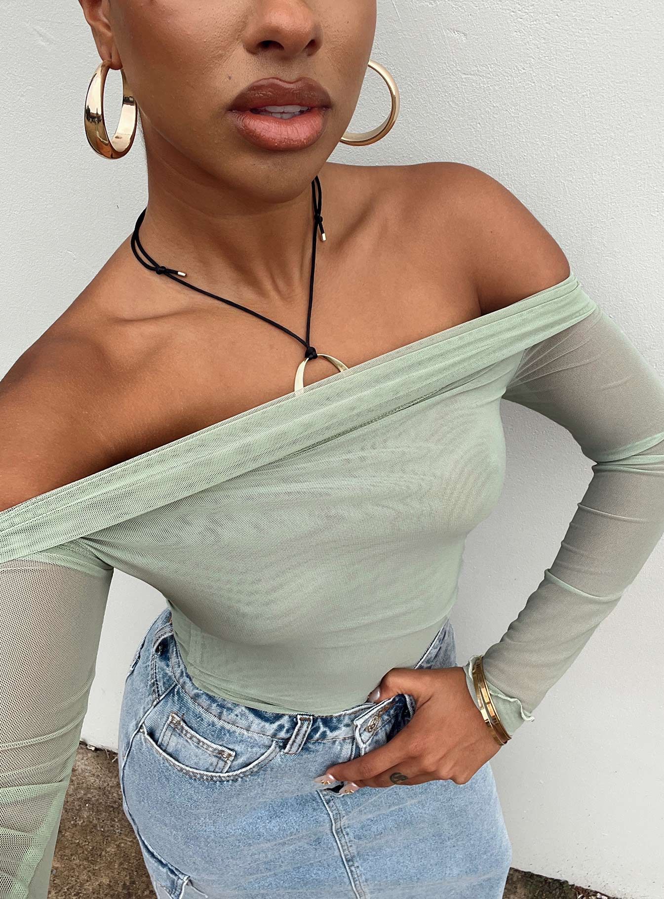 Gryce Off The Shoulder Top Green sold by Princess Polly