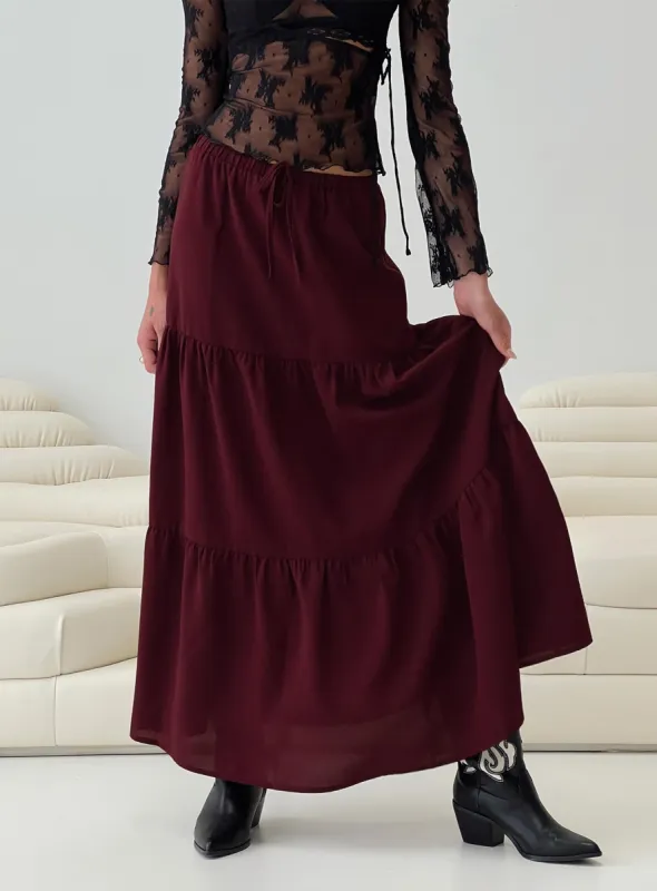 Whole Again Maxi Skirt Burgundy sold by Princess Polly