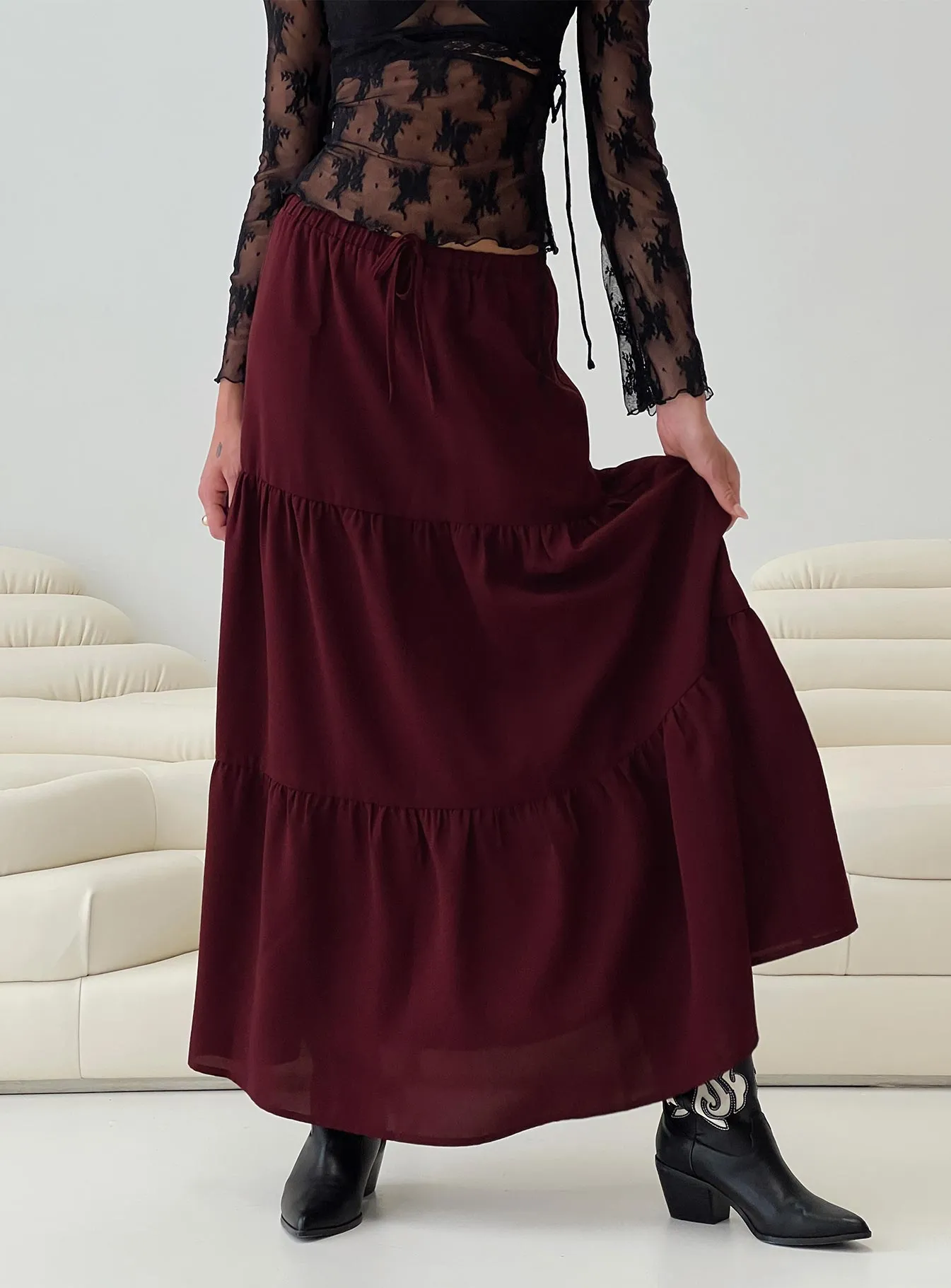 Whole Again Maxi Skirt Burgundy sold by Princess Polly