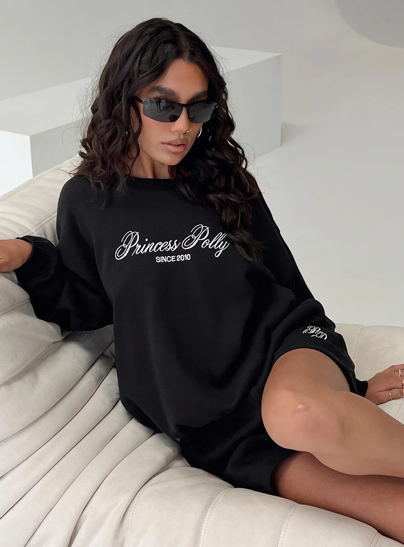 Princess Polly Crew Neck Sweatshirt Cursive Text Black Sand sold by Princess Polly